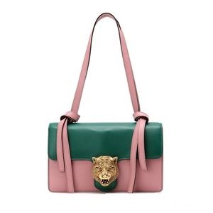 GUCCI Animalier Tiger Head Claps Pink Green Calfskin Leather Bag